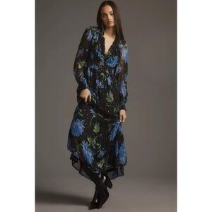 By Anthropologie The Odetta Ruffled V-Neck Floral Midi Dress